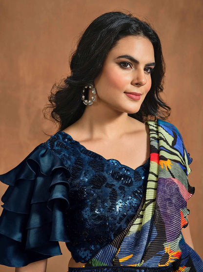 Olive Green With Multi Color Digital Print Ready To Wear One Minute Saree