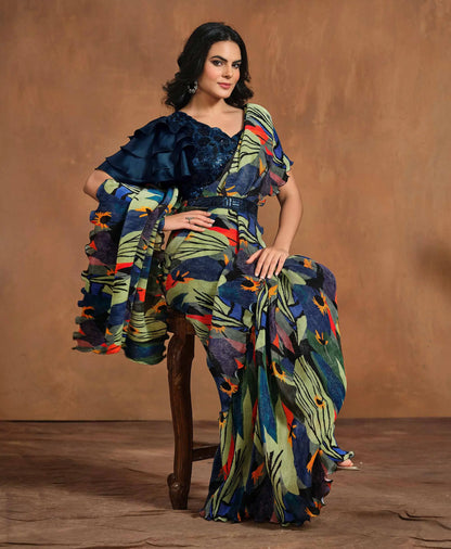 Olive Green With Multi Color Digital Print Ready To Wear One Minute Saree