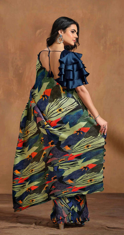 Olive Green With Multi Color Digital Print Ready To Wear One Minute Saree