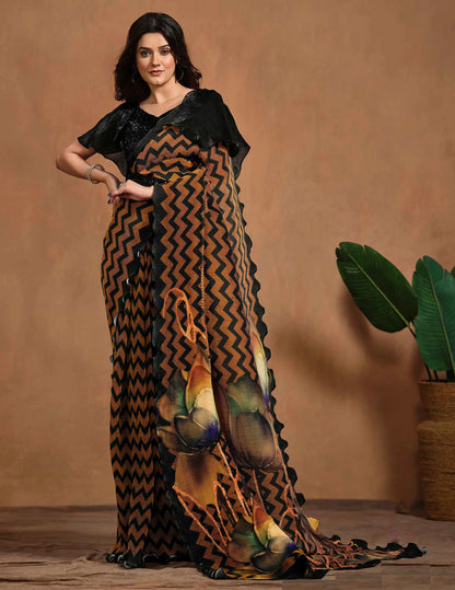 Brownish Orange Digital Print One Minute Saree With Hand Work Blouse