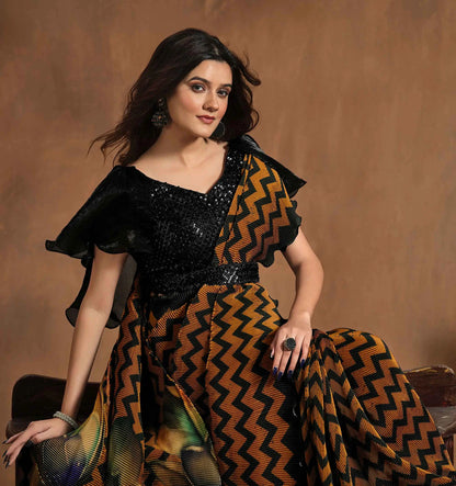 Brownish Orange Digital Print One Minute Saree With Hand Work Blouse