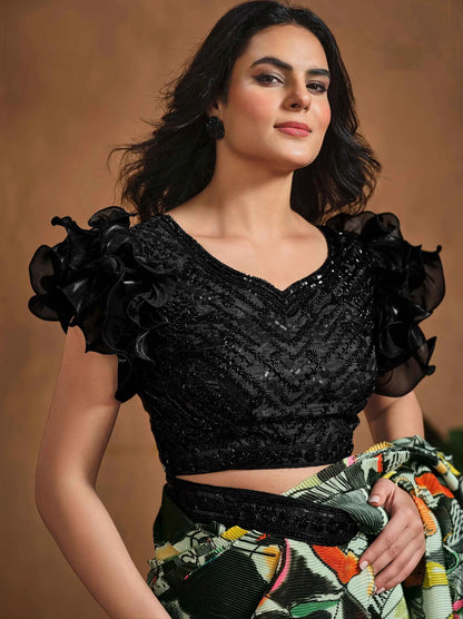 Multi Color Digital Print Ready To Wear Saree With Hand Work Blouse