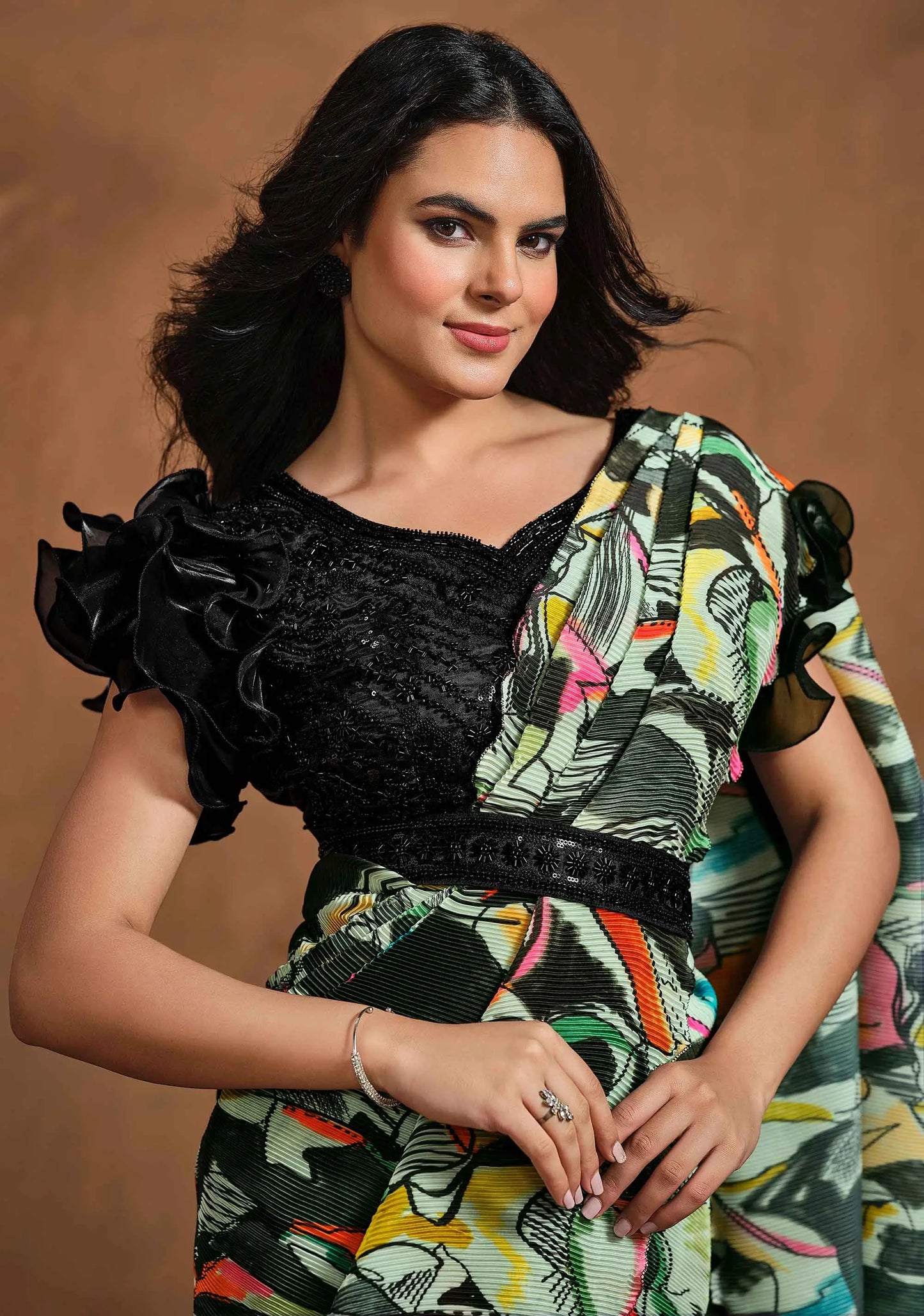 Multi Color Digital Print Ready To Wear Saree With Hand Work Blouse