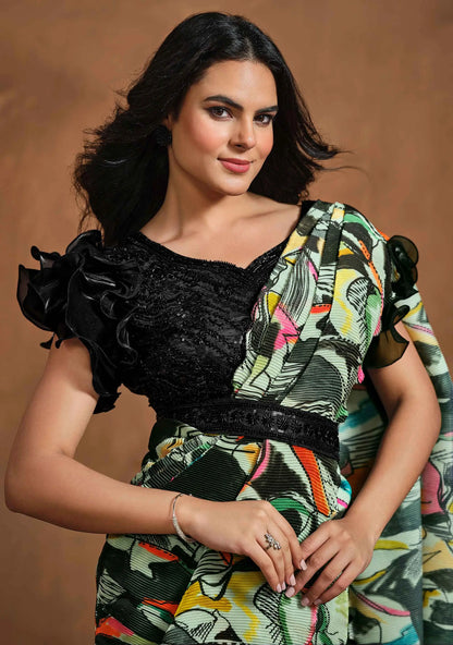 Multi Color Digital Print Ready To Wear Saree With Hand Work Blouse