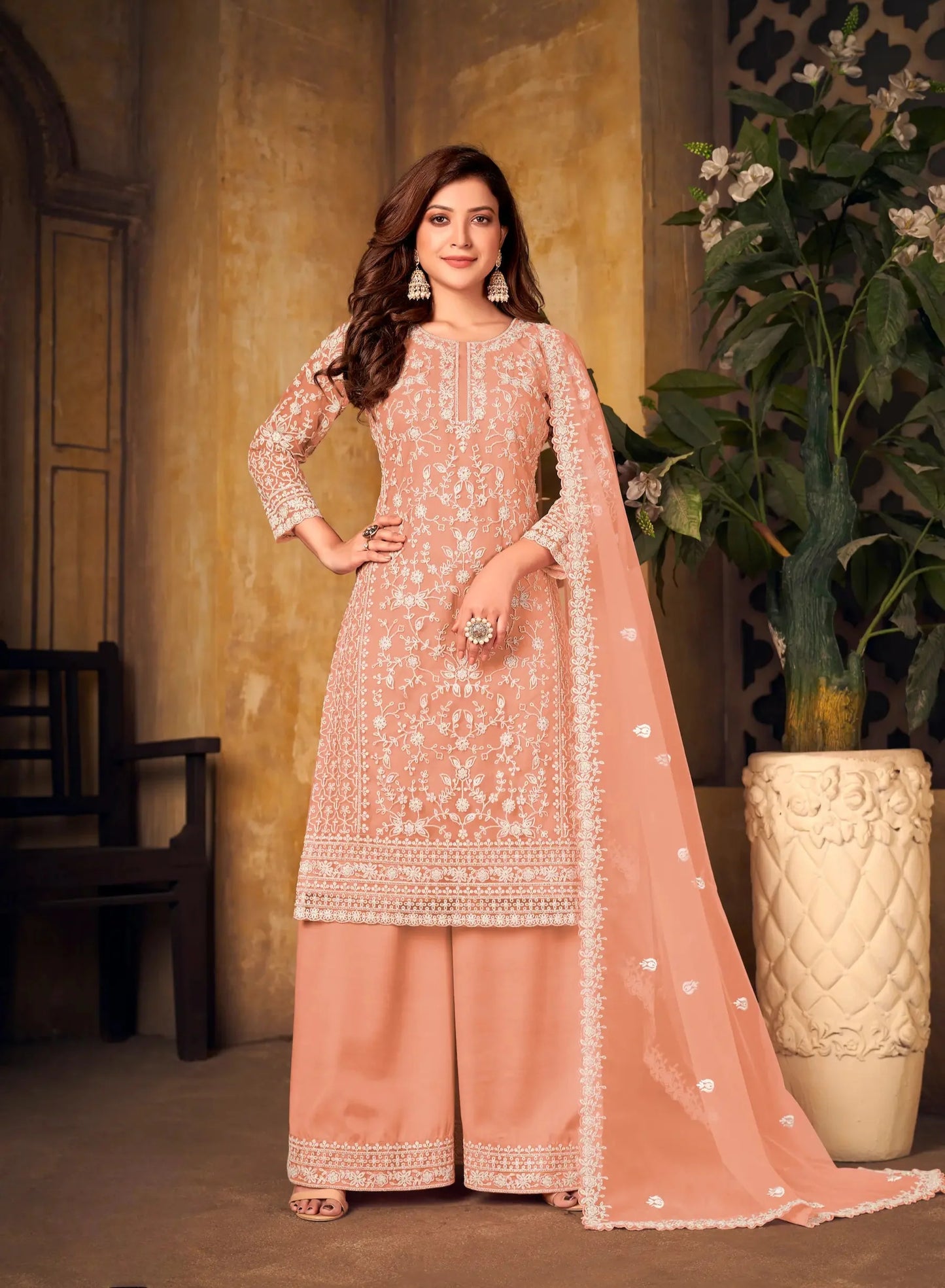 Peach Net Thread & Sequence Embroidery Work Salwar Suit