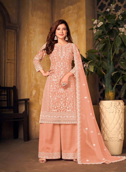 Peach Net Thread & Sequence Embroidery Work Salwar Suit