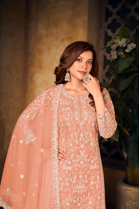 Peach Net Thread & Sequence Embroidery Work Salwar Suit