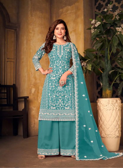 Teal Blue Net Thread & Sequence Embroidery Work Salwar Suit