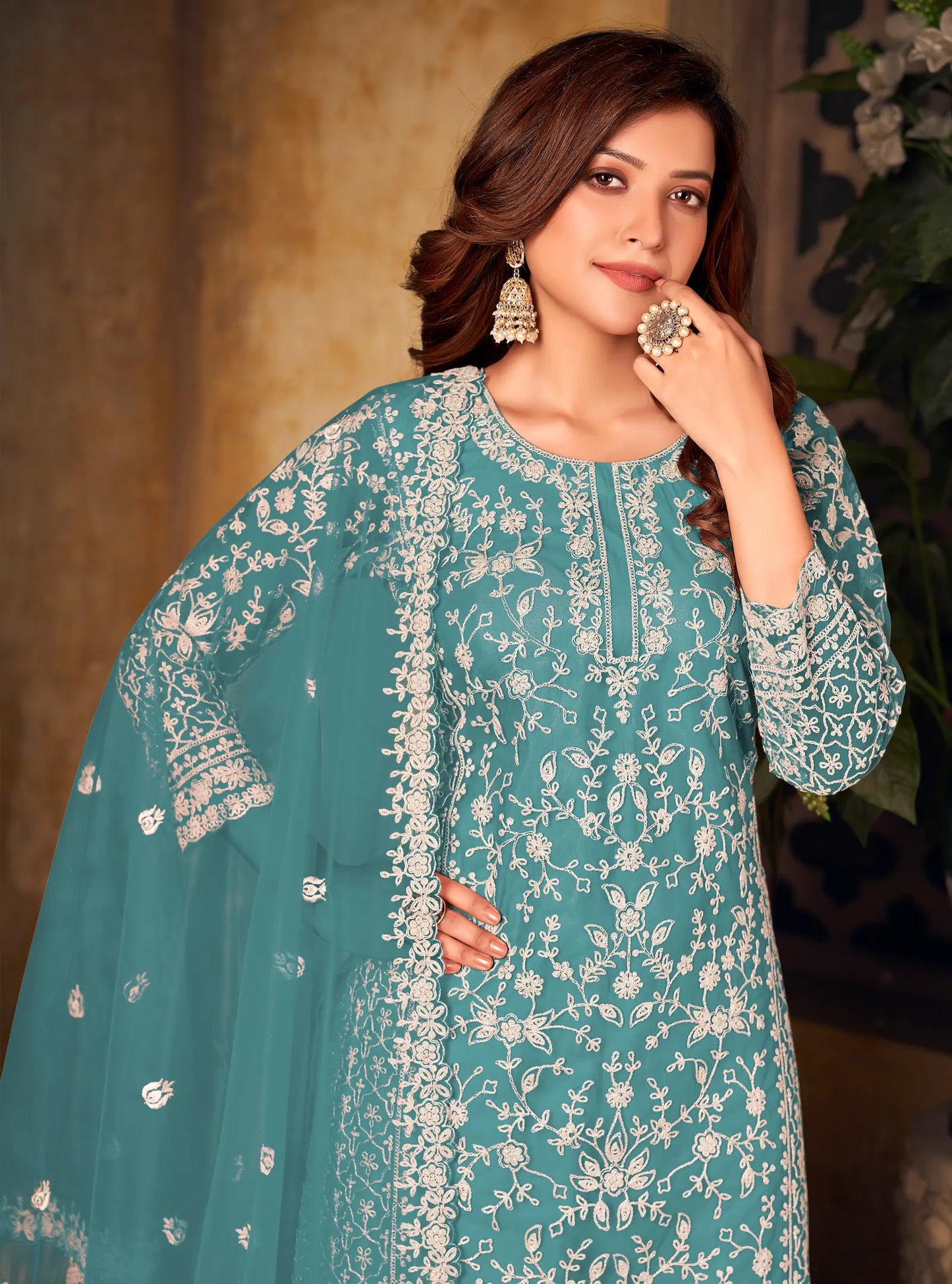 Teal Blue Net Thread & Sequence Embroidery Work Salwar Suit