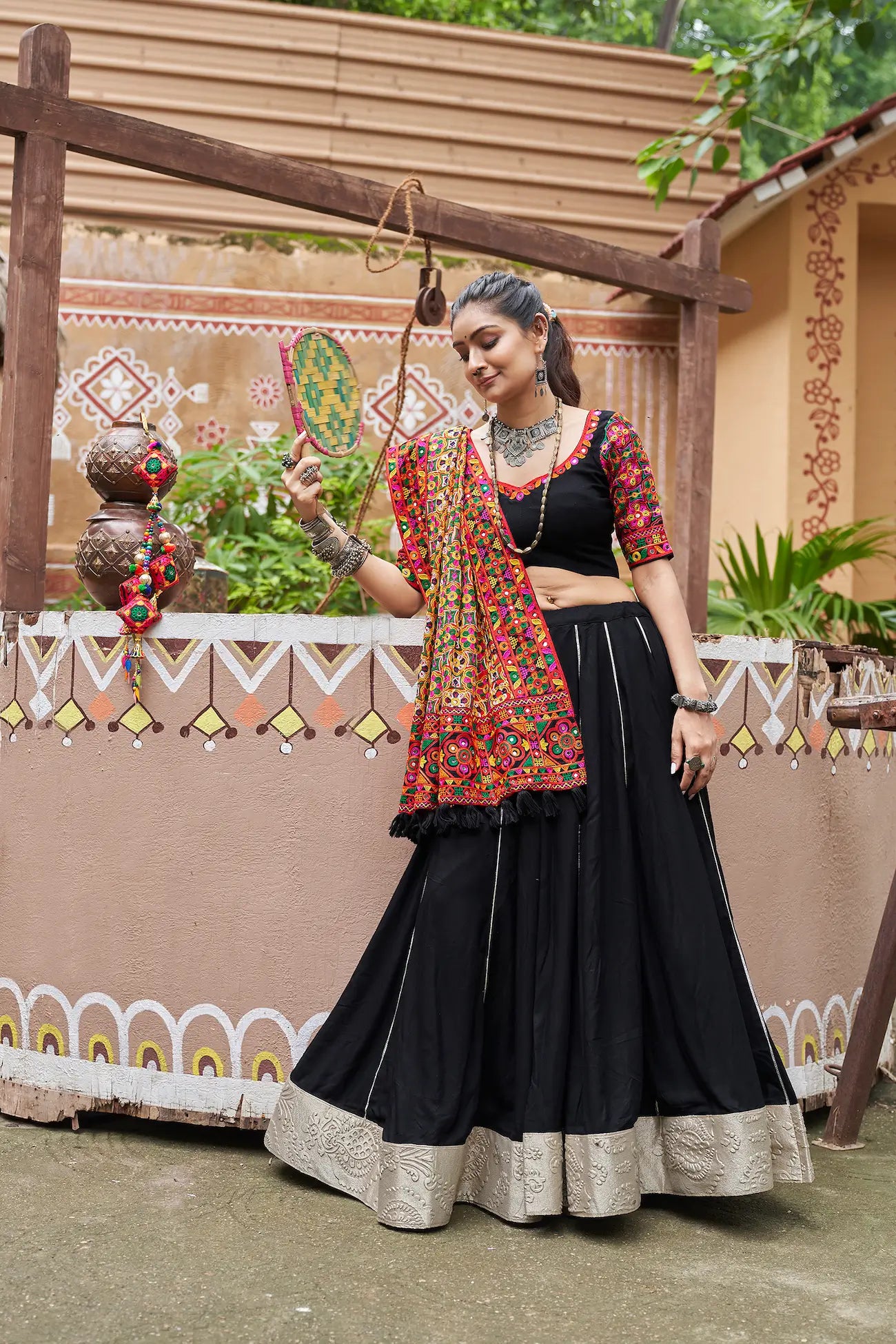 Black Viscose Rayon Navratri Lehenga Choli With Thread Embroidery & Mirror Work