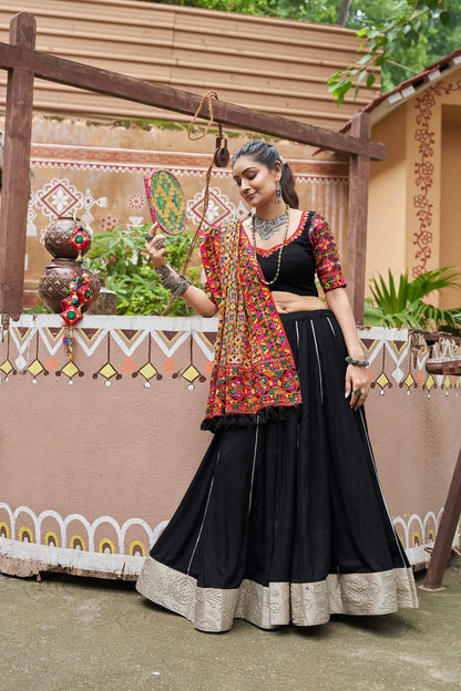 Black Viscose Rayon Navratri Lehenga Choli With Thread Embroidery & Mirror Work