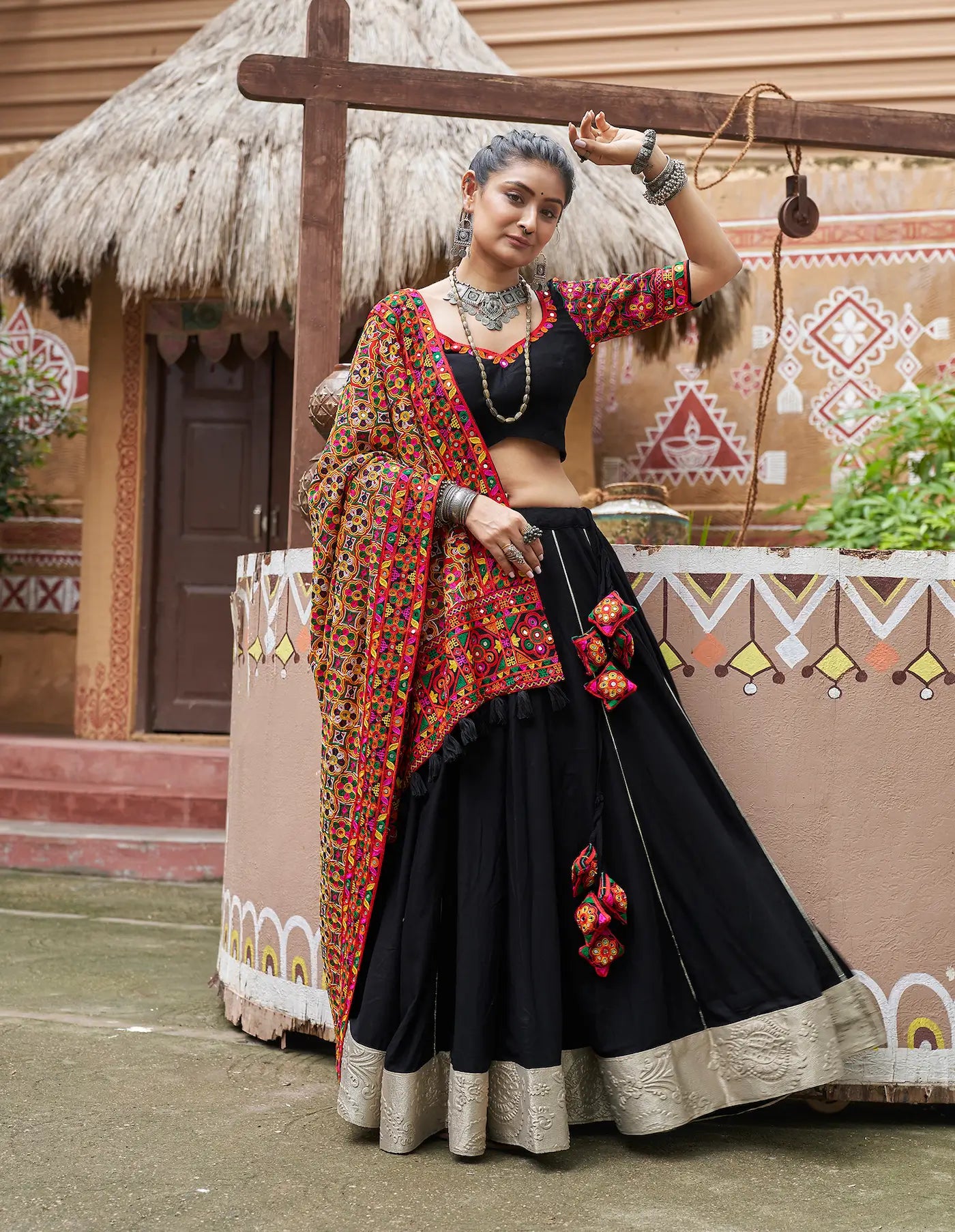 Black Viscose Rayon Navratri Lehenga Choli With Thread Embroidery & Mirror Work
