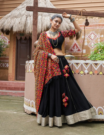 Black Viscose Rayon Navratri Lehenga Choli With Thread Embroidery & Mirror Work