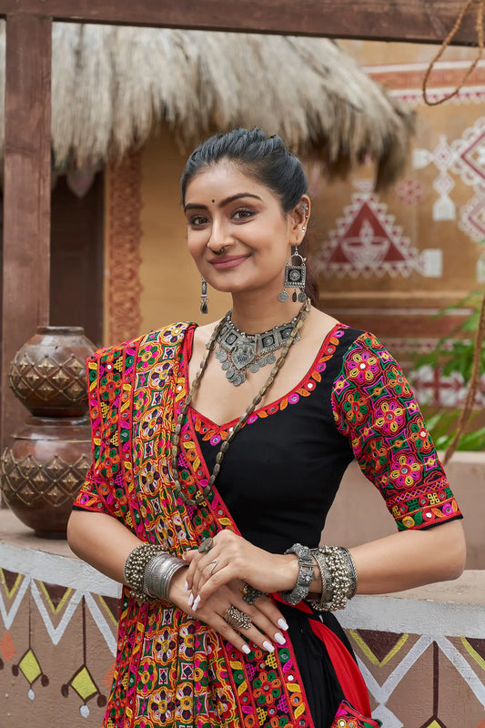 Black Viscose Rayon Navratri Lehenga Choli With Thread Embroidery & Mirror Work