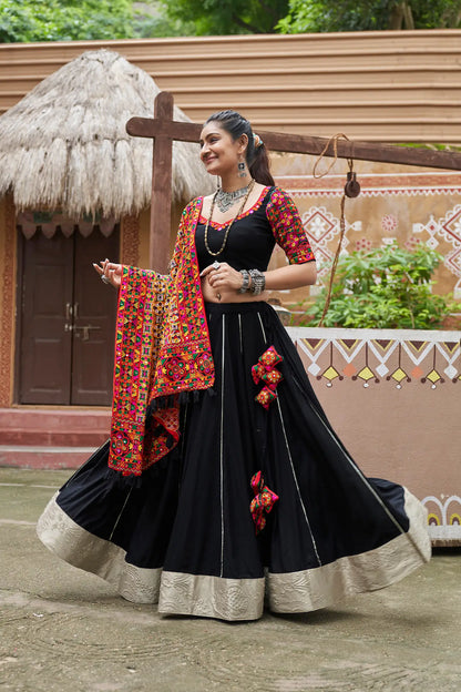 Black Viscose Rayon Navratri Lehenga Choli With Thread Embroidery & Mirror Work