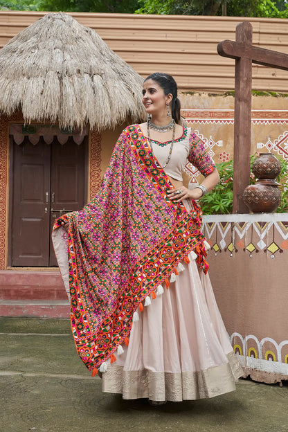 Beige Viscose Rayon Navratri Lehenga Choli With Thread Embroidery & Mirror Work