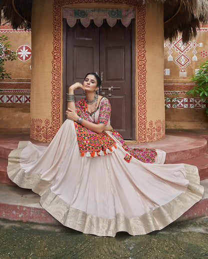 Beige Viscose Rayon Navratri Lehenga Choli With Thread Embroidery & Mirror Work