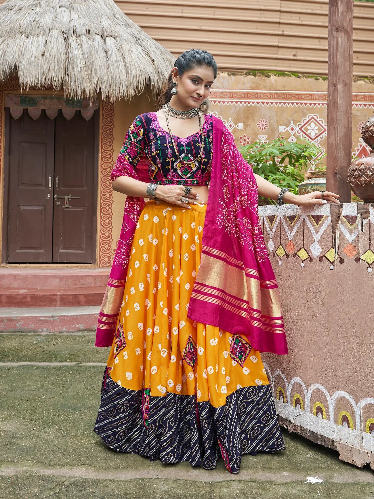 Yellow Muslin Cotton Navratri Lehenga Choli With Thread Embroidery & Mirror Work