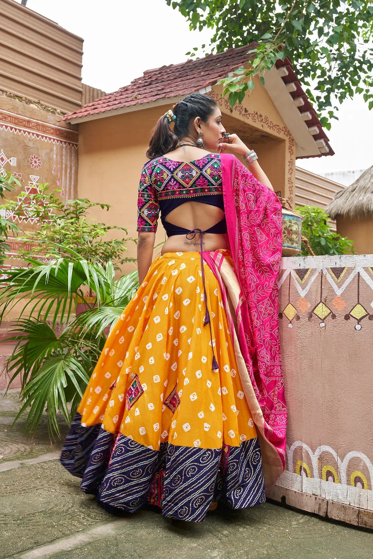 Yellow Muslin Cotton Navratri Lehenga Choli With Thread Embroidery & Mirror Work