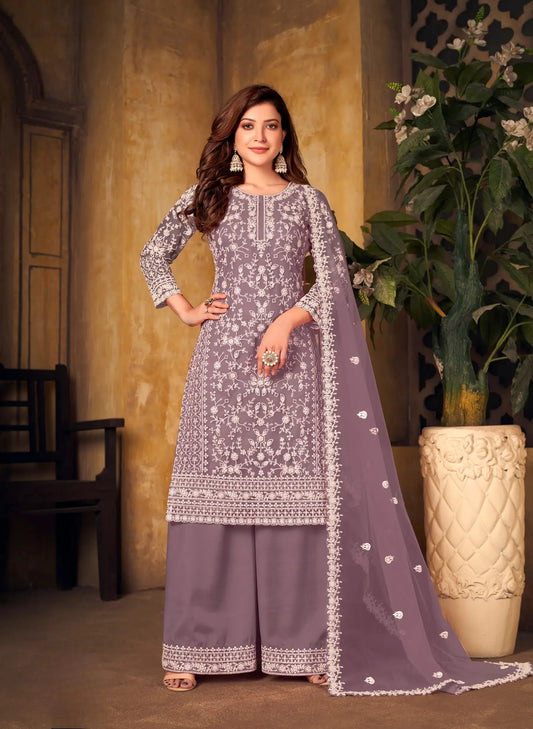 Dusty Lavender Net Thread & Sequence Embroidery Work Salwar Suit