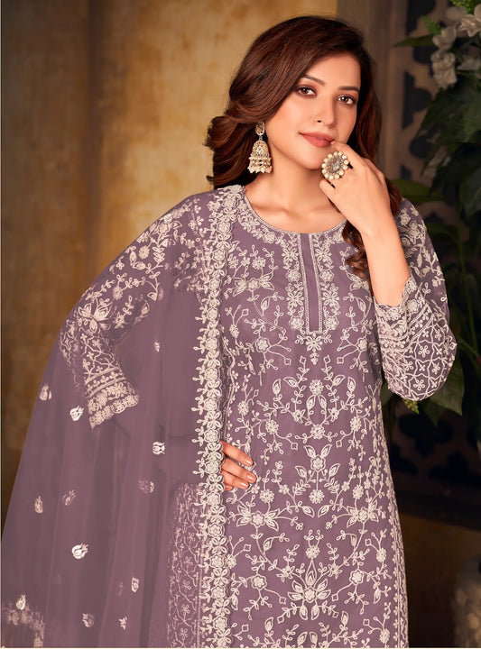 Dusty Lavender Net Thread & Sequence Embroidery Work Salwar Suit