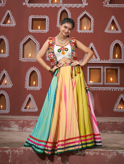 Multi Color Poly Silk Navratri Lehenga Choli WithThread Embroidery & Mirror Work