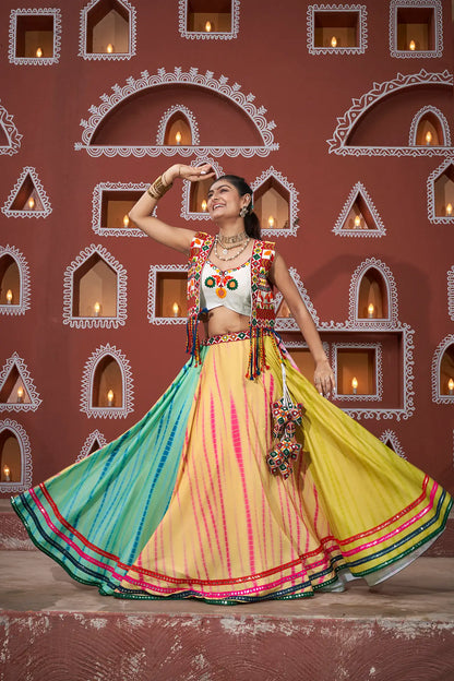 Multi Color Poly Silk Navratri Lehenga Choli WithThread Embroidery & Mirror Work