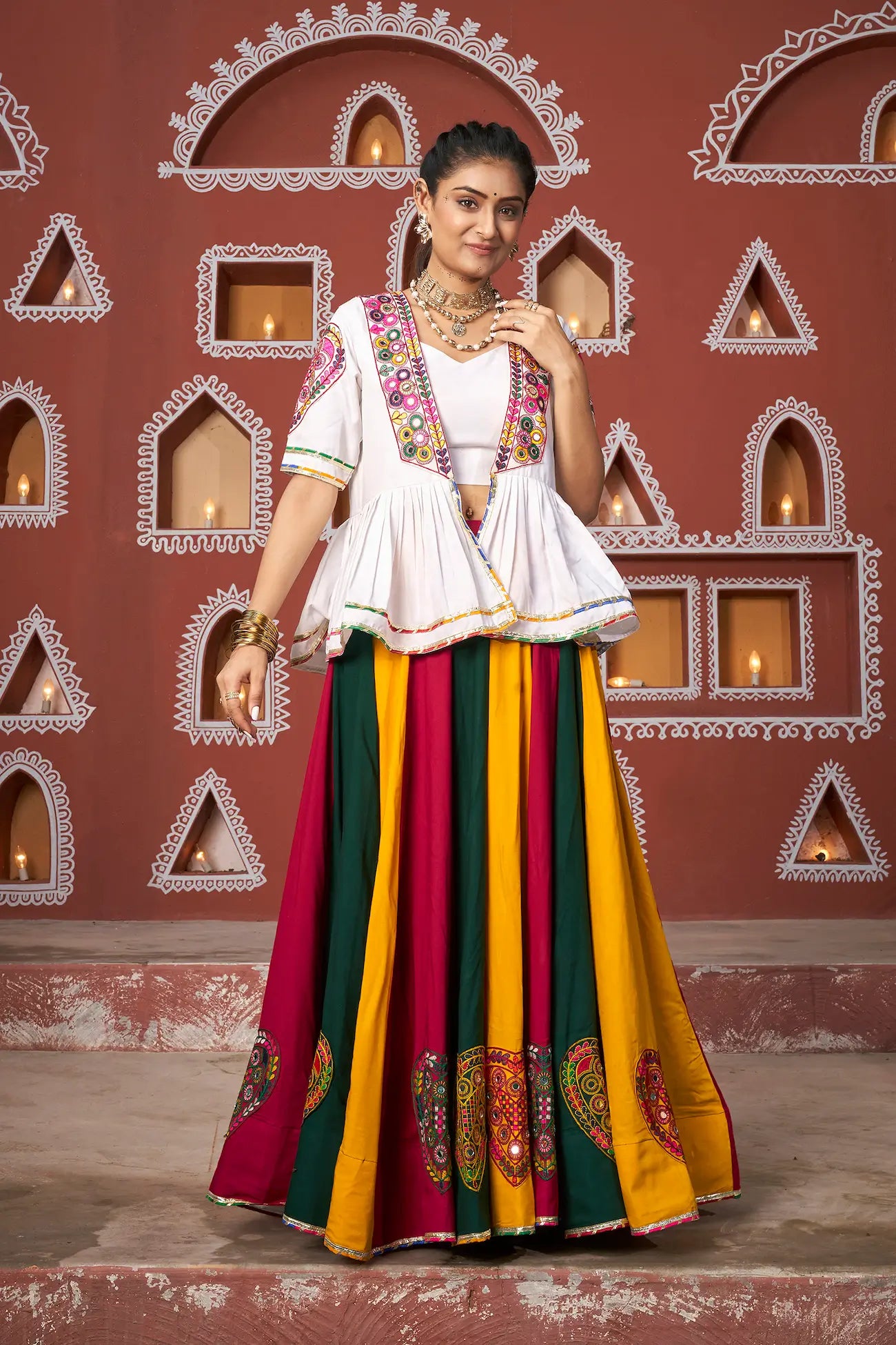 White-MultiColor Viscose Rayon Navratri Lehenga Choli WithThread Embroidery & Mirror Work