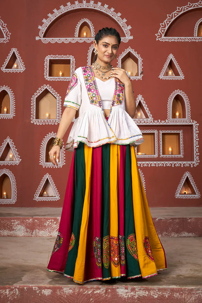White-MultiColor Viscose Rayon Navratri Lehenga Choli WithThread Embroidery & Mirror Work