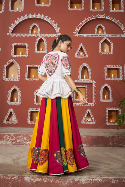 White-MultiColor Viscose Rayon Navratri Lehenga Choli WithThread Embroidery & Mirror Work