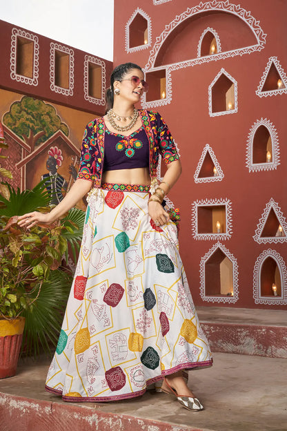 White Poly Silk Navratri Lehenga Choli WithThread Embroidery & Mirror Work