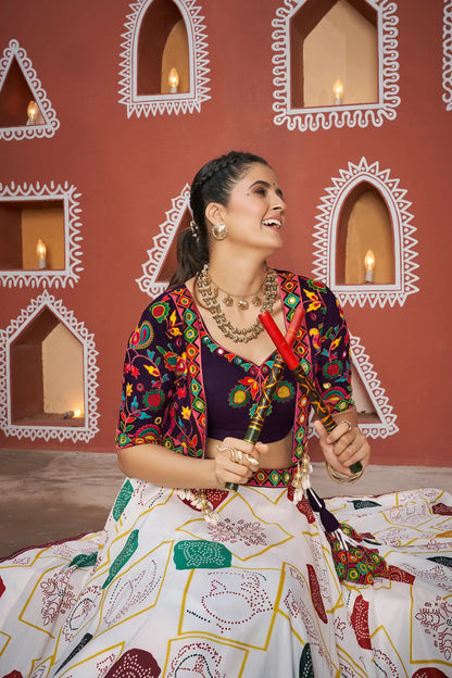 White Poly Silk Navratri Lehenga Choli WithThread Embroidery & Mirror Work