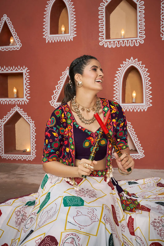 White Poly Silk Navratri Lehenga Choli WithThread Embroidery & Mirror Work