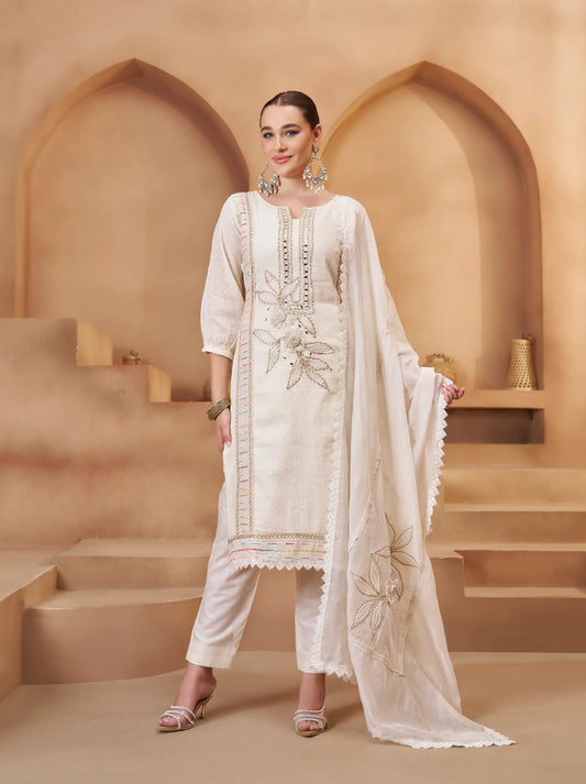 Off White Cotton Salwar Suit With Thread, Mirror & Joot Work