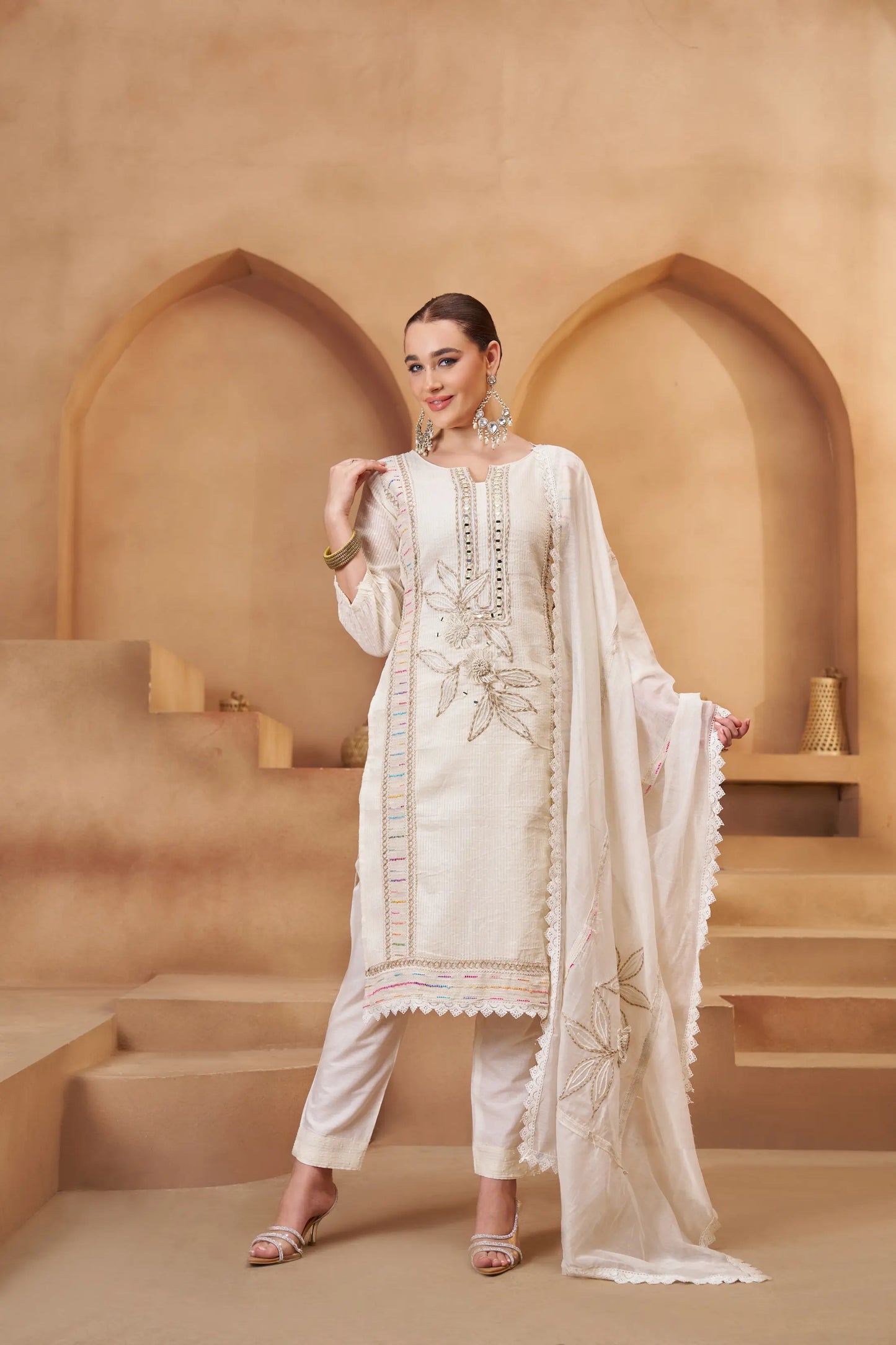 Off White Cotton Salwar Suit With Thread, Mirror & Joot Work
