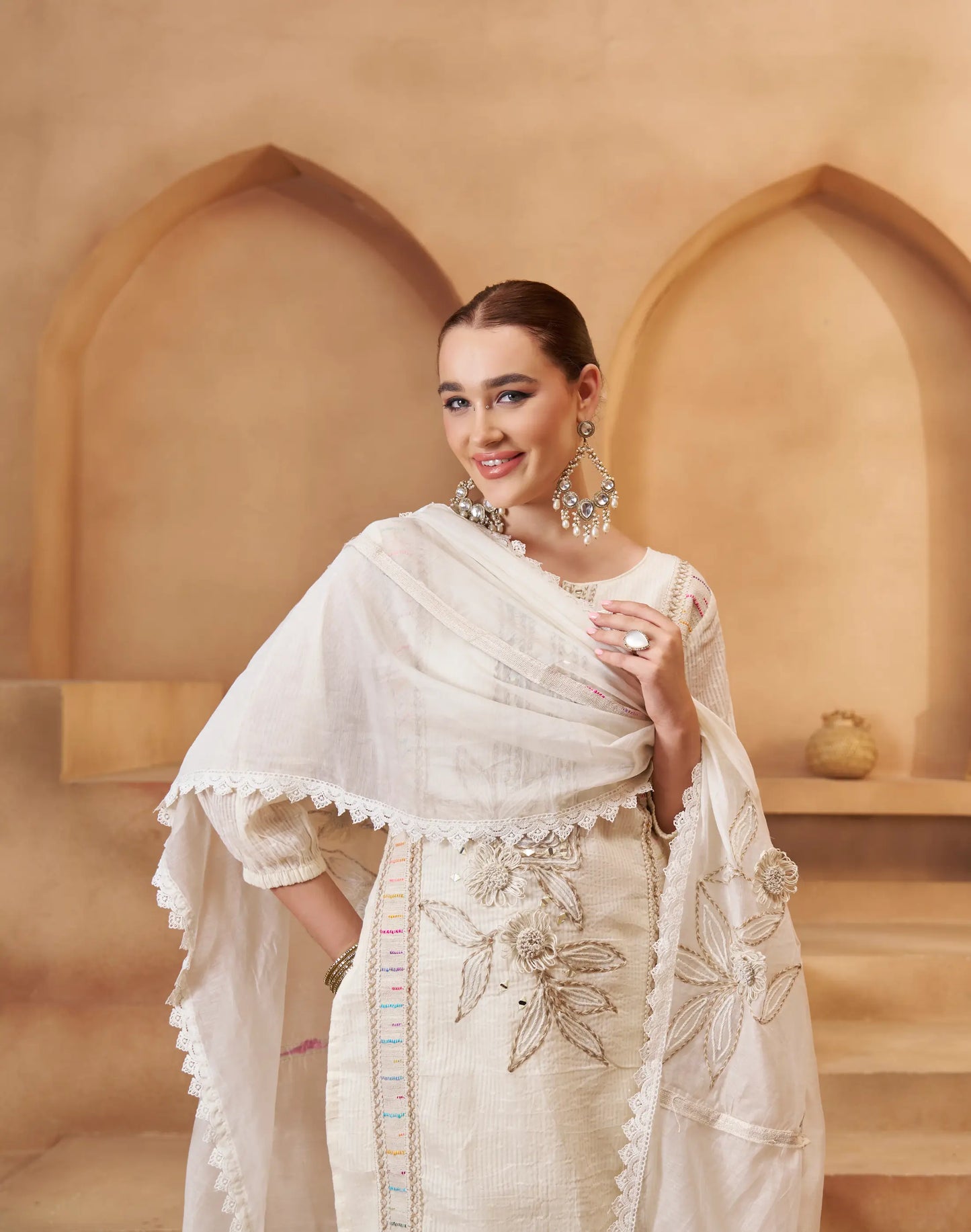 Off White Cotton Salwar Suit With Thread, Mirror & Joot Work