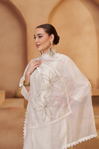 Off White Cotton Salwar Suit With Thread, Mirror & Joot Work