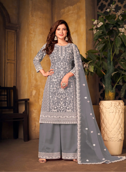 Grey Net Thread & Sequence Embroidery Work Salwar Suit