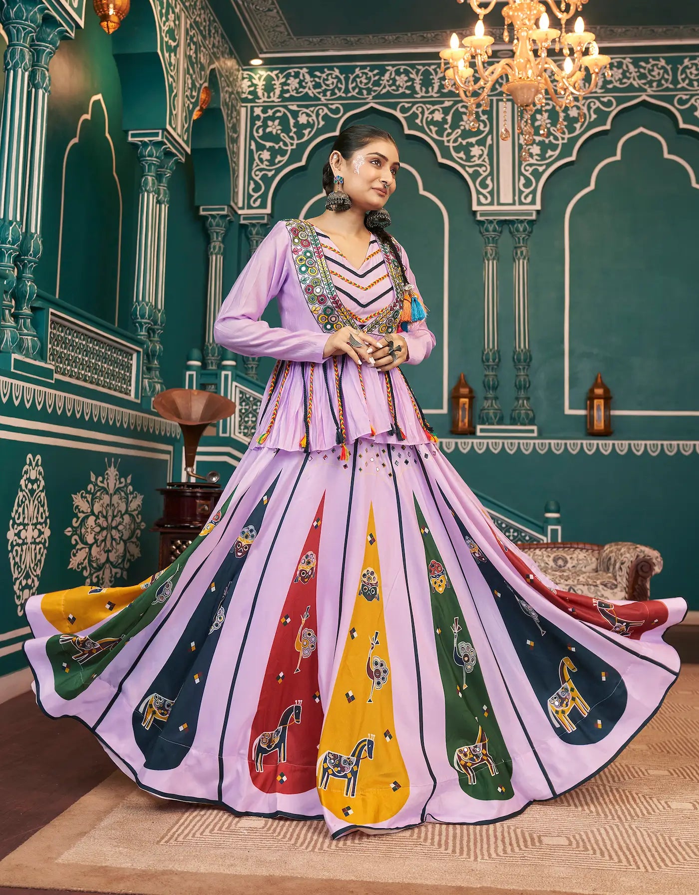 Lavender Poly Silk Navratri Lehenga Choli With Print, Thread Embroidery & Mirror Work