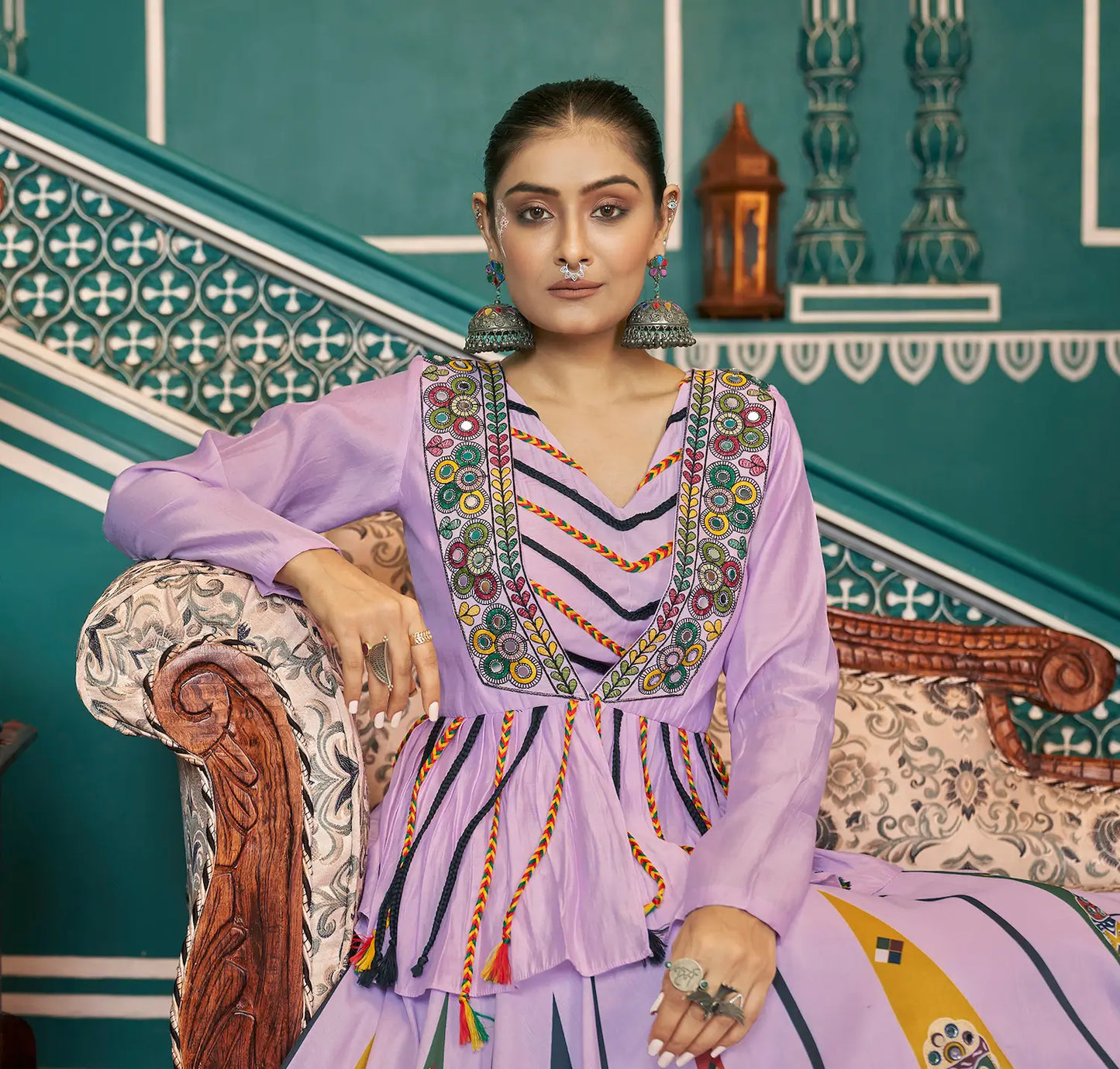 Lavender Poly Silk Navratri Lehenga Choli With Print, Thread Embroidery & Mirror Work