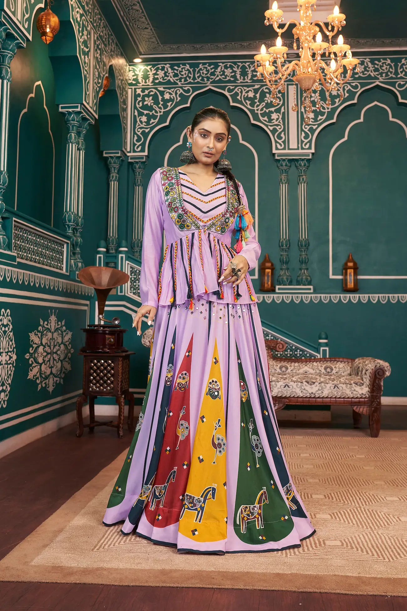 Lavender Poly Silk Navratri Lehenga Choli With Print, Thread Embroidery & Mirror Work