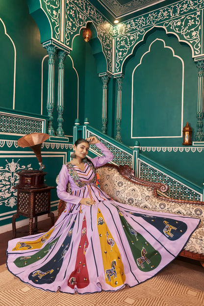 Lavender Poly Silk Navratri Lehenga Choli With Print, Thread Embroidery & Mirror Work