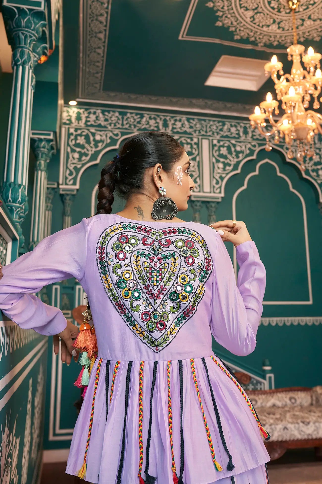 Lavender Poly Silk Navratri Lehenga Choli With Print, Thread Embroidery & Mirror Work