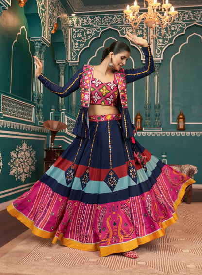 Multi Color Poly Silk Navratri Lehenga Choli With Print, Thread Embroidery & Mirror Work
