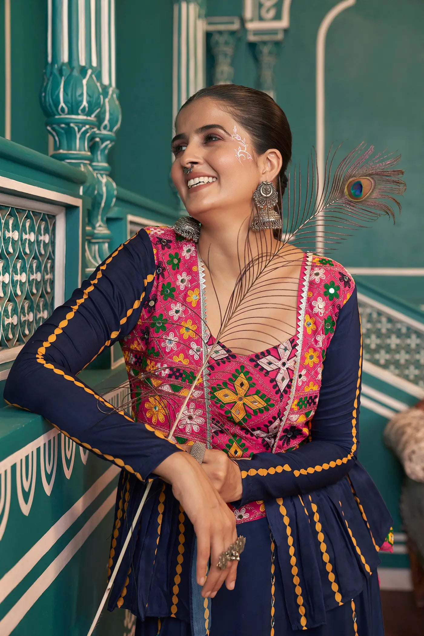 Multi Color Poly Silk Navratri Lehenga Choli With Print, Thread Embroidery & Mirror Work