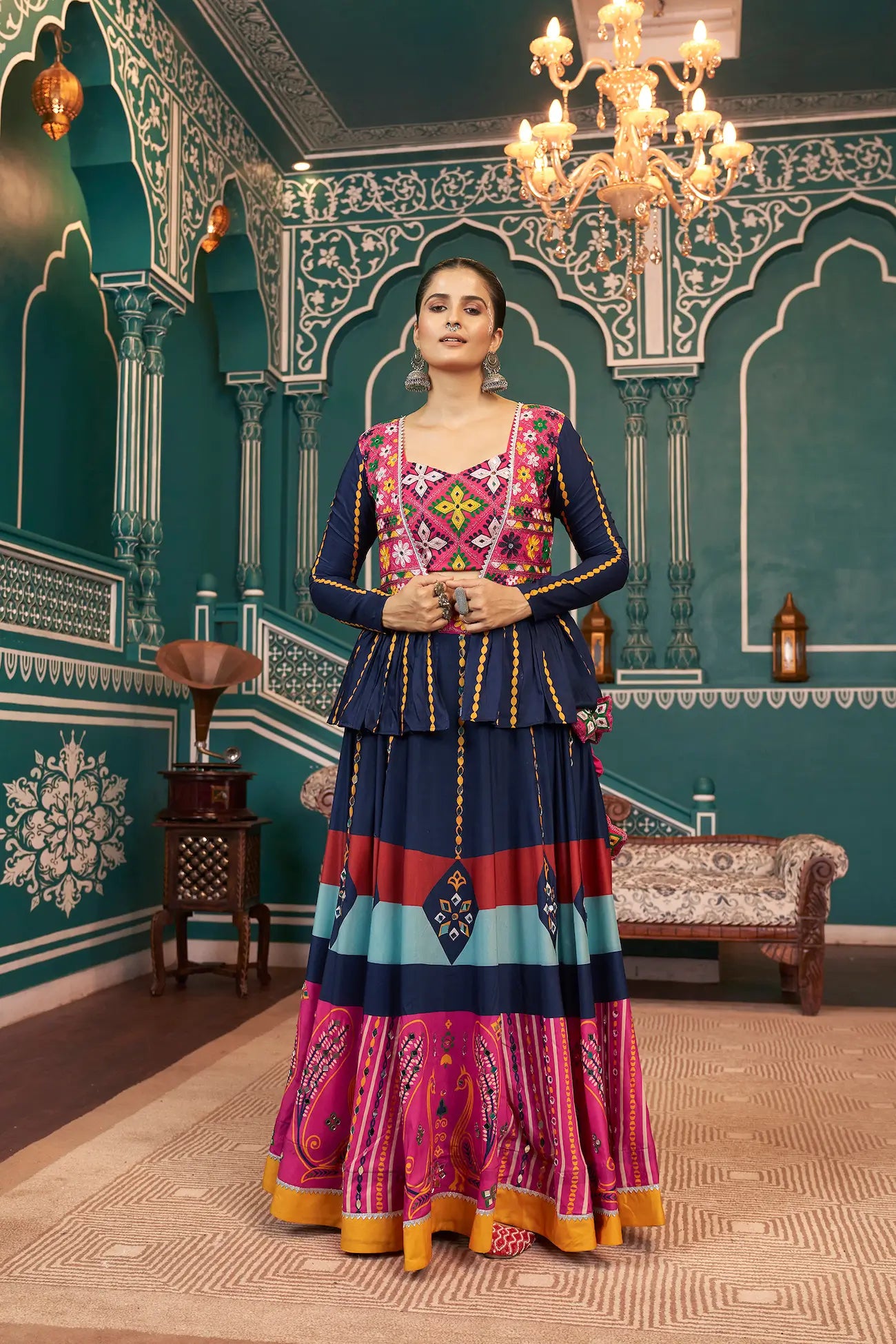 Multi Color Poly Silk Navratri Lehenga Choli With Print, Thread Embroidery & Mirror Work