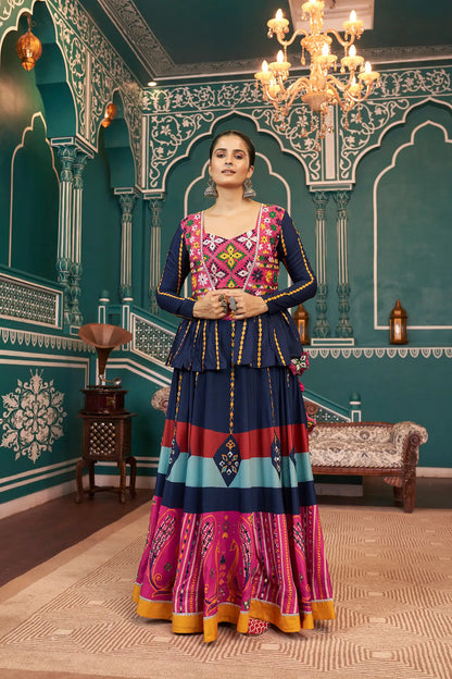 Multi Color Poly Silk Navratri Lehenga Choli With Print, Thread Embroidery & Mirror Work