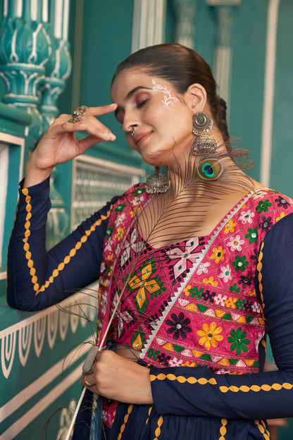 Multi Color Poly Silk Navratri Lehenga Choli With Print, Thread Embroidery & Mirror Work