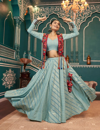 Pista green Viscose Rayon Pigment Foil Work Navratri Lehenga Choli