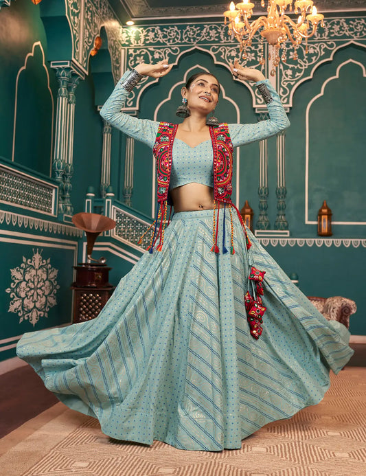 Pista green Viscose Rayon Pigment Foil Work Navratri Lehenga Choli